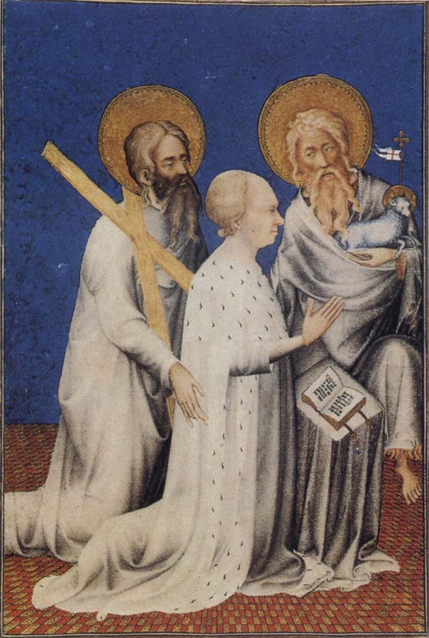 The Duc de Berry between his Patron Saints Andrew and John the Baptist